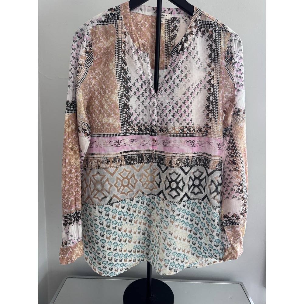 Dylan 100% Cotton Patchwork Boho Peasant Blouse Sz S Pink Beige Tunic Top
